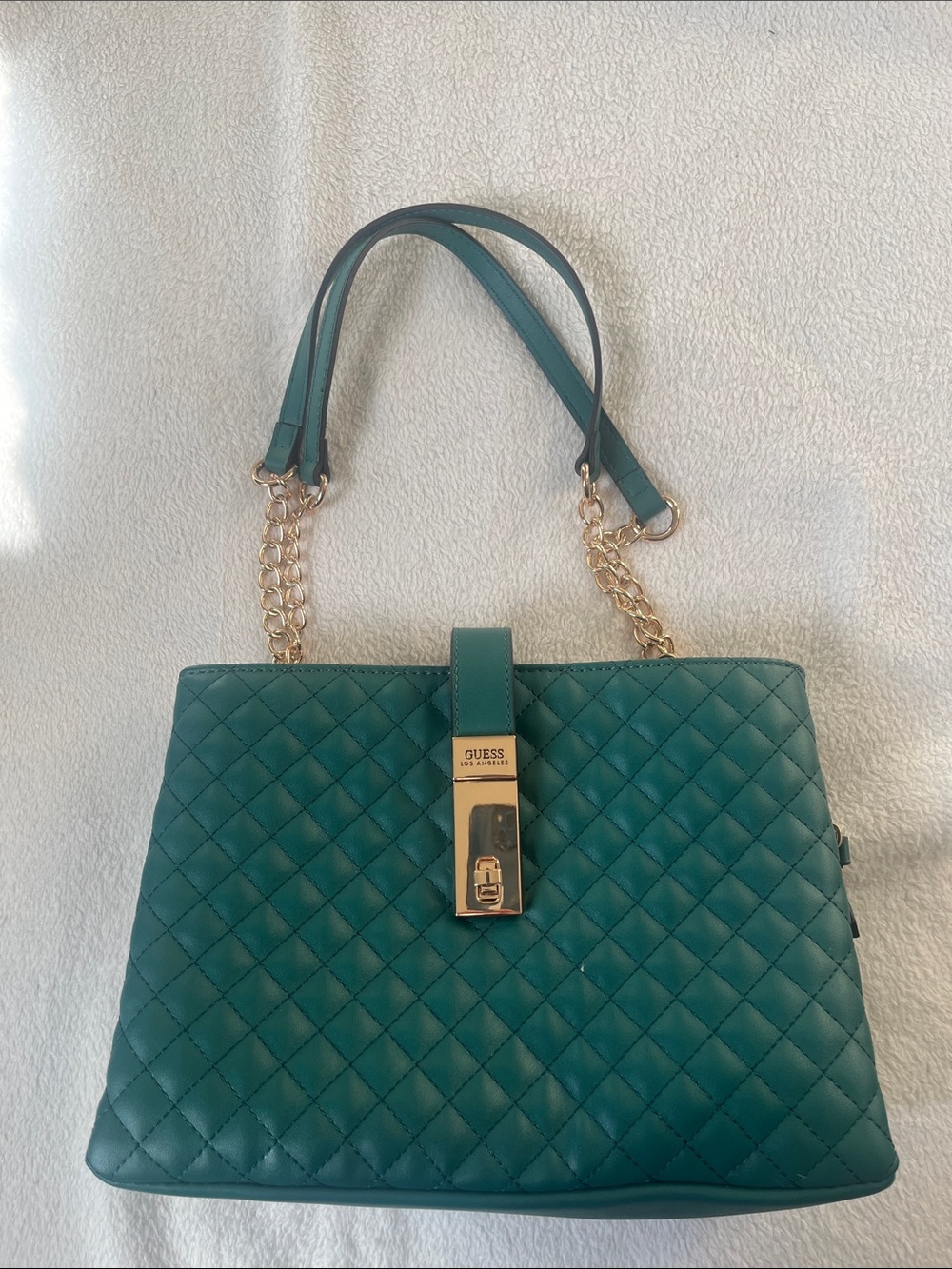 GUESS Teal Quilted Shoulder Bag with Gold Chain